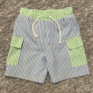 EEUC Kelly’s kids blue & green stripe seersucker swim trunks 3-4